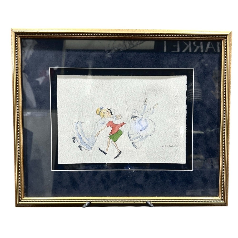 Signed Original Watercolor Painting Of Pinocchio Puppet Show Museum Framed